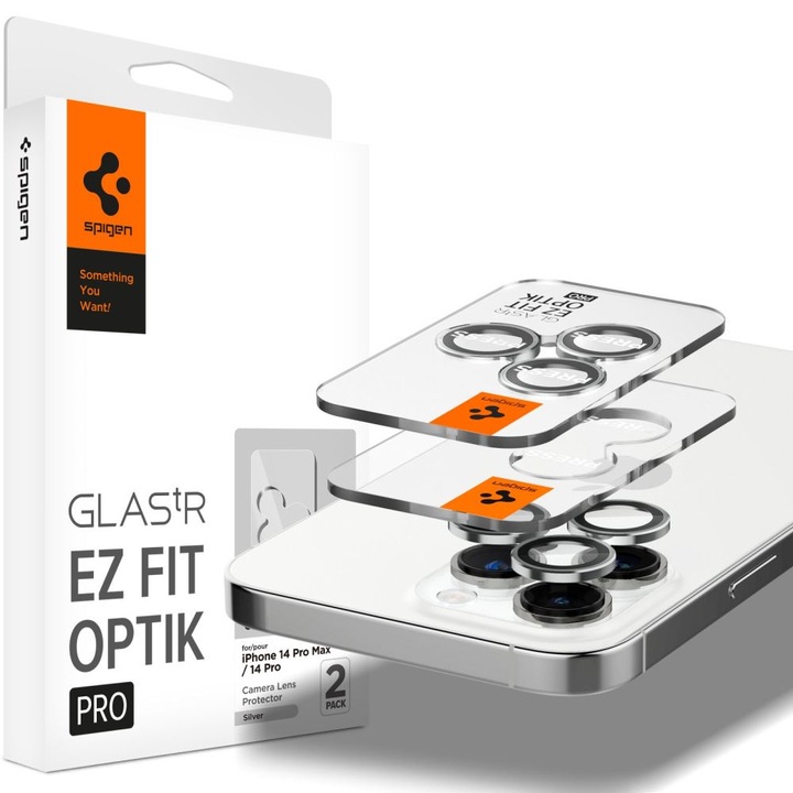 Стъклен протектор за камера Spigen Optik.TR ”Ez Fit” 2-Pack за iPhone 14 Pro / 14 Pro Max, Silver