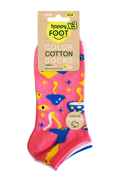 Комплект 3бр памучни дамски чорапи за маратонки Agiva Happy Foottopia, Бял/Лазурно/Розово