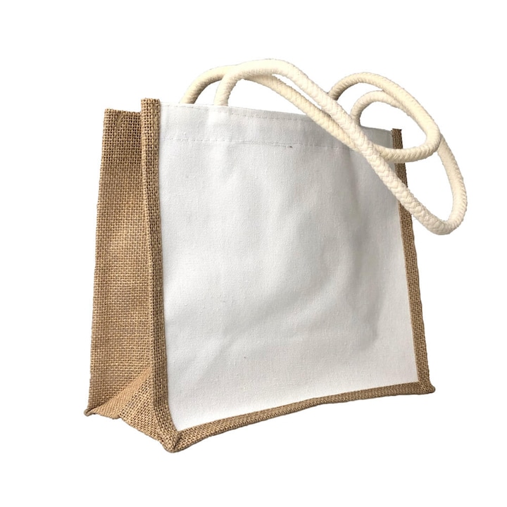 Екологична текстилна чанта от юта с водоустойчива вътрешност, бяло и кафяво, Createur, 31x26x13cm