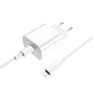 Set Incarcator Compatibil cu iPhone 14/13/12/11, Fast Charge 20W, USB Type-C si cablu USB-C-Lightning, Alb
