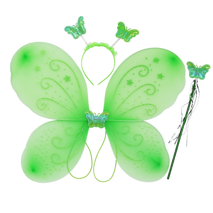 Set Angel copii aripi fluture Verde, bagheta magica, bentita, Party Chili®