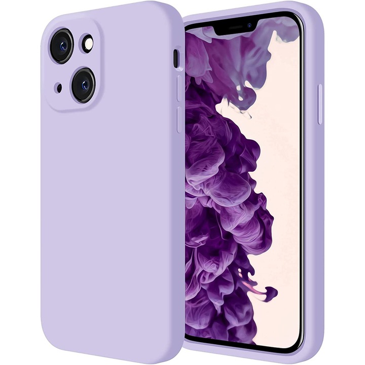 Мек силиконов калъф Daden®, съвместим с iPhone 13, вътрешност от микрофибър, защита на камерата, повишена защита, лилав