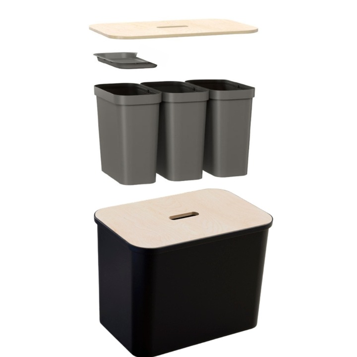 Cos de gunoi triplu Collect SmartStore, pentru colectare selectiva a deseurilor, cu 3 galeti interioare din plastic, capac lemn, negru, 76L, 57x38x42 cm