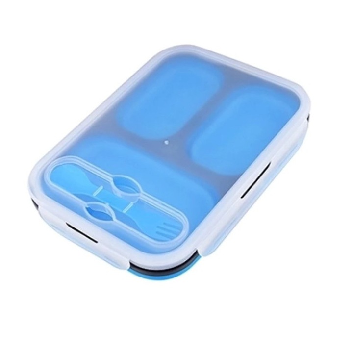 Caserola pliabila silicon, cu lingura furculita, lungime 24 cm, LAIXIAOBEI, albastru