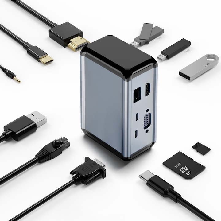 Hub Adaptor Multiport 12 in 1, SDLOGAL, USB-C la 12 porturi, PD, Afisaj 4K, Compact, usor de utilizat, pentru Laptop, MacBook Air/Pro, Chromebook, Tableta, Telefon, Gri/Negru