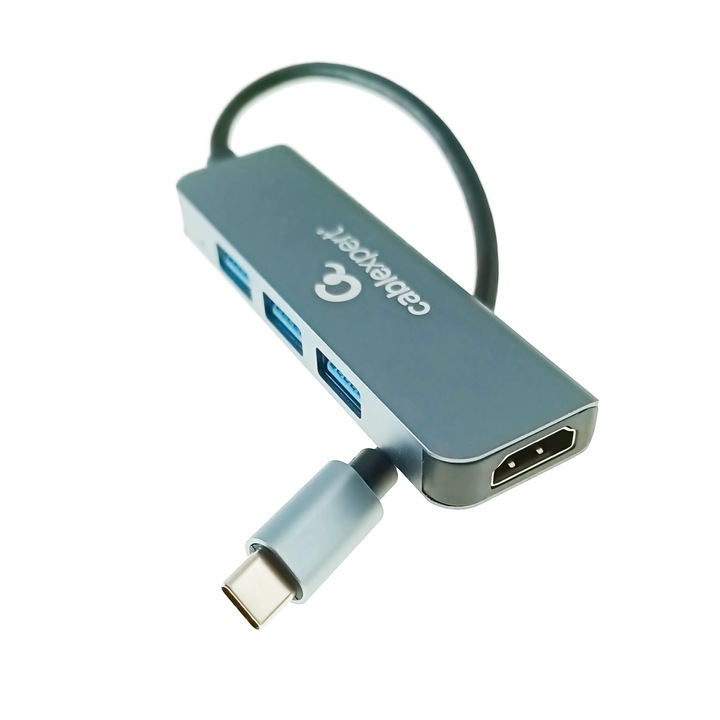 USB type C адаптер, USB 3.2 gen.1 интерфейс, мултифункционален, Cablexpert 12144, HDMI 4K порт, HUB 3 x USB, сив