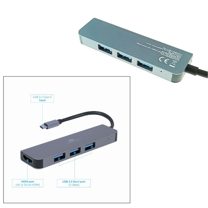 USB type C адаптер, USB 3.2 gen.1 интерфейс, мултифункционален, Cablexpert 12144, HDMI 4K порт, HUB 3 x USB, сив