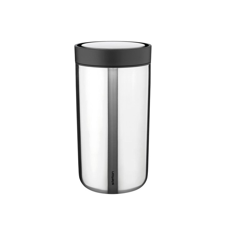 Termos To Go, Stelton, STE-675, 200 ml, capac cu deschidere/inchidere printr-o simpla apasare, pentru bauturi fierbinti si reci, lavabil in masina de spalat vase, design minimalist, fara BPA, fara ftalati, inox