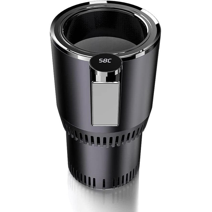 Suport inteligent pentru masina, cu functie pentru racire si incalzire automata a bauturilor, ceai, cafea, doze suc, cu ecran pentru controlul temperaturii