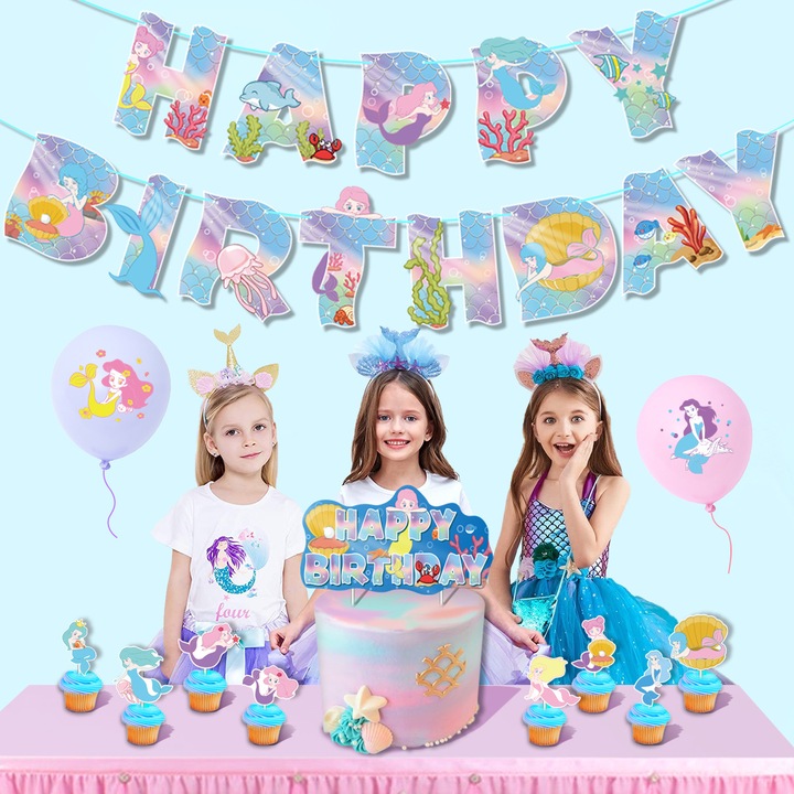 Комплект балони и украса за рожден ден EZGETOP, за деца, Русалка, 44 части, лилаво