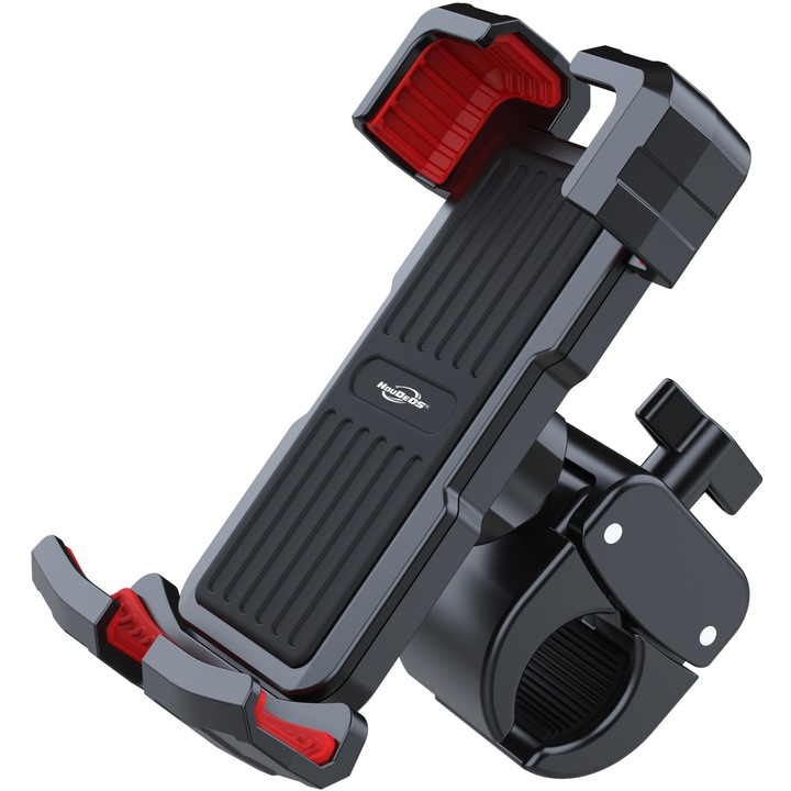 Suport telefon pentru bicicleta/motocicleta HouDeOS®, Reglare la 360°, Brat de clema puternic, 4,5-7 inch, Negru si Rosu