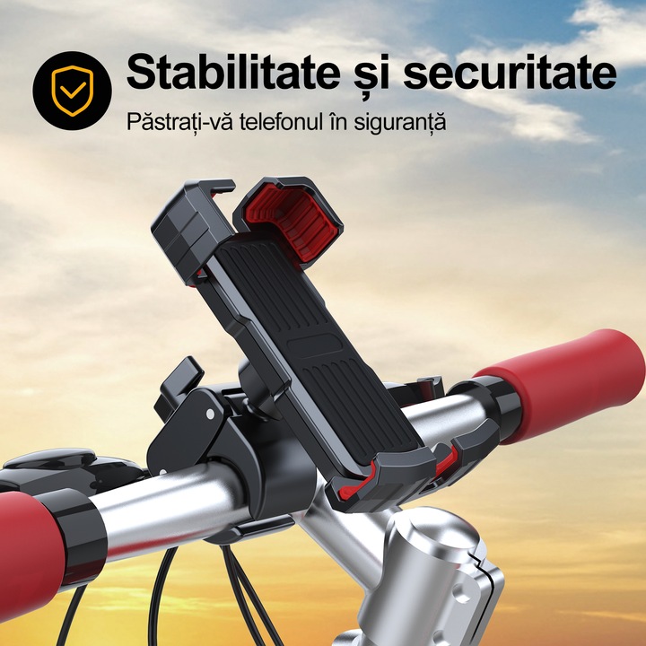 Държач за телефон за велосипед/мотоциклет HouDeOS, Регулируем на 360°, Здраво затягащо рамо, 4.5-7 инча, Черен/Червен