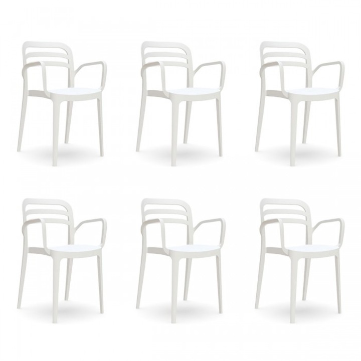 Set 6 scaune terasa cu brate RAKI ASPENDOS alb, 54,5x51xh81,6cm din polipropilena cu fibra de sticla