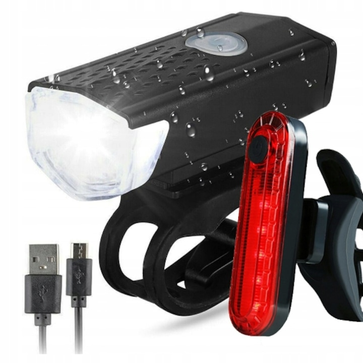 LED kerékpár lámpa szett, elöl/hátul, USB töltés, vízálló tok, fekete