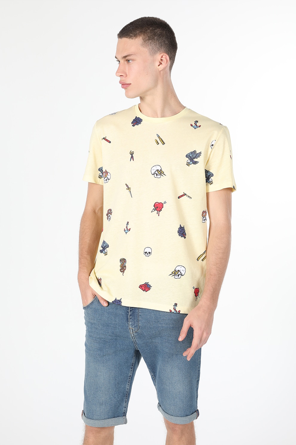 COLIN'S, Tricou din bumbac cu imprimeu grafic, Rosu, Galben pal, Albastru, XS