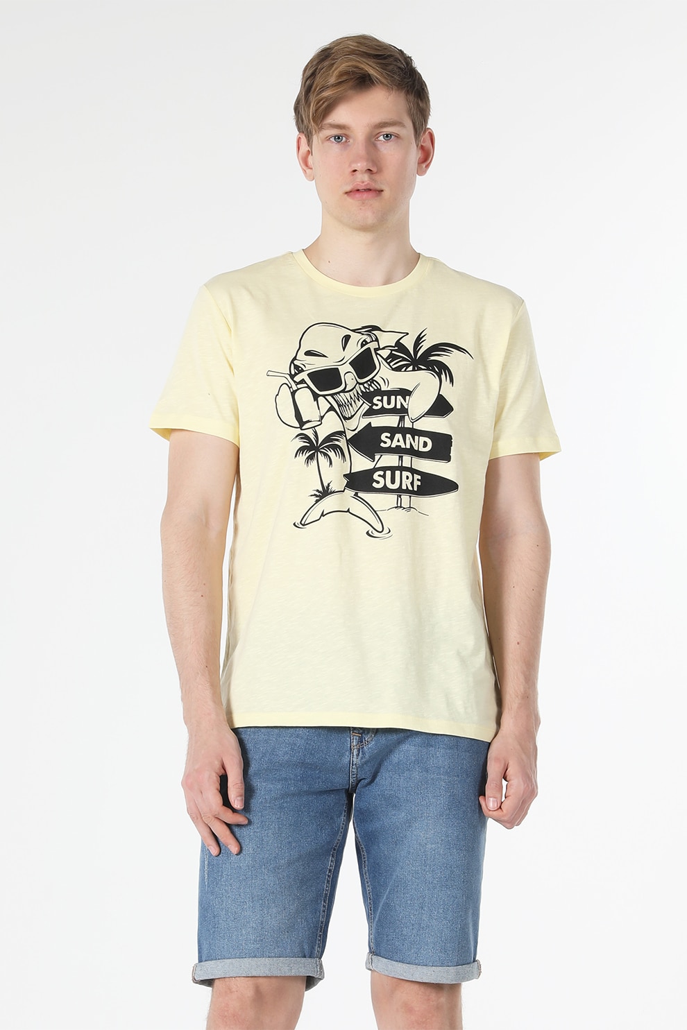 COLIN'S, Tricou cu imprimeu si decolteu la baza gatului, Negru, Galben pal, XS