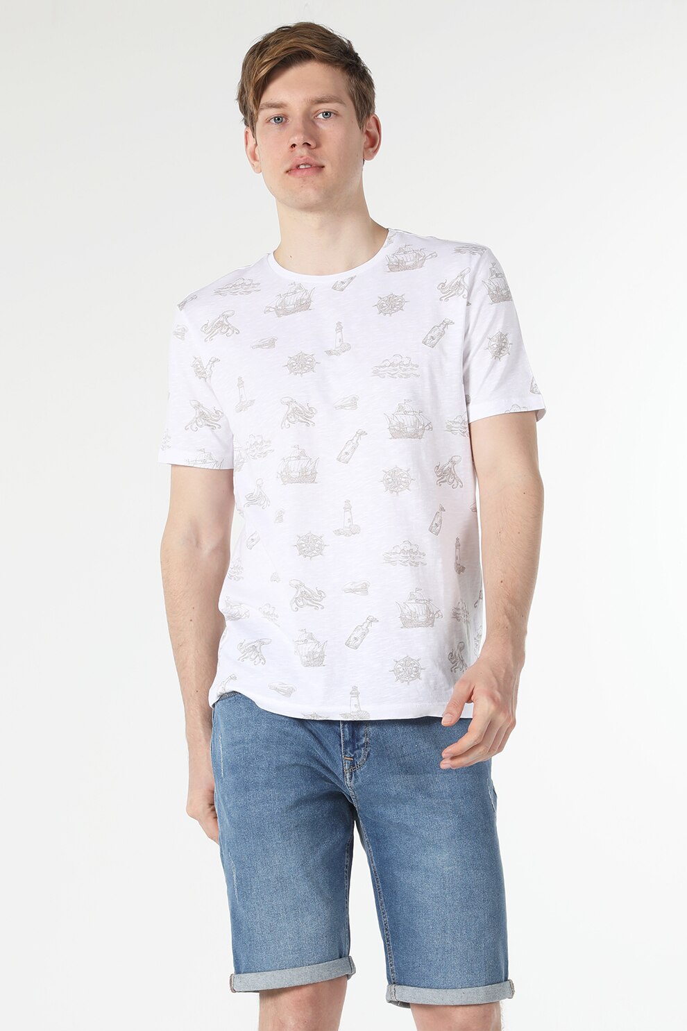 COLIN'S, Tricou din bumbac cu model nautic, Alb, Kaki, XS