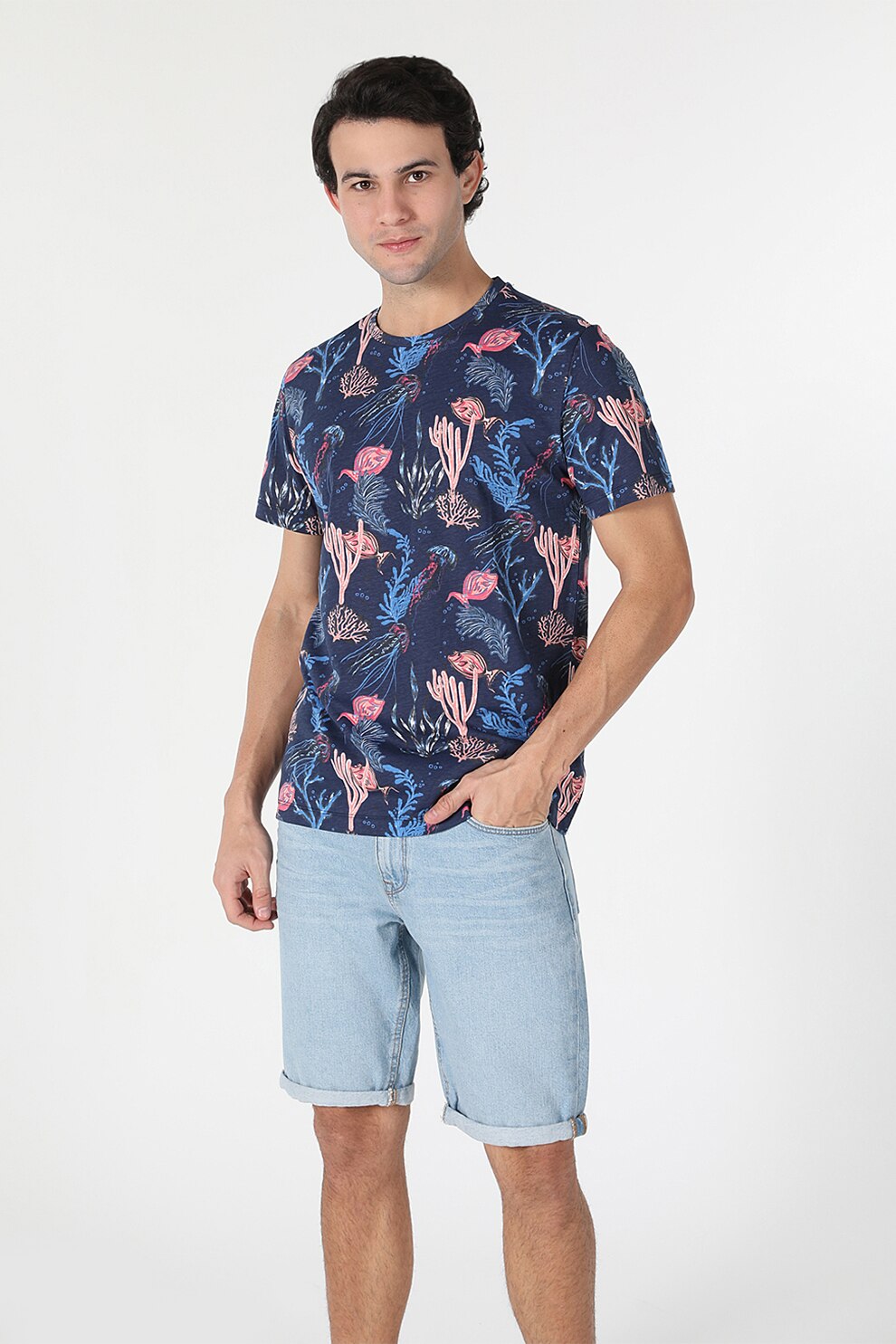 COLIN'S, Tricou cu imprimeu grafic si decolteu la baza gatului, Corai, Piersica, Albastru, S