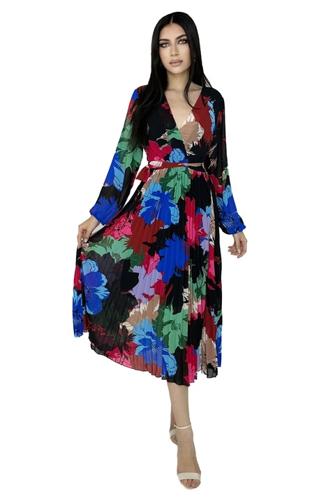 Rochie lunga Kaleya, cu textura plisata, vaporoasa si cordon in talie, Visiniu