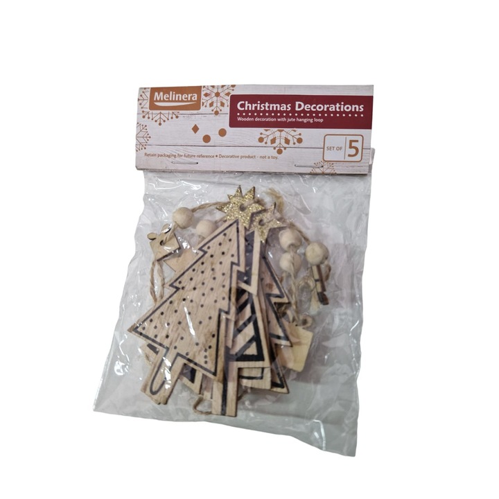 Set de 5 decoratii din lemn pentru pomul de Craciun, snur de iuta, forma de brad, Maro, MAX-BBL7750