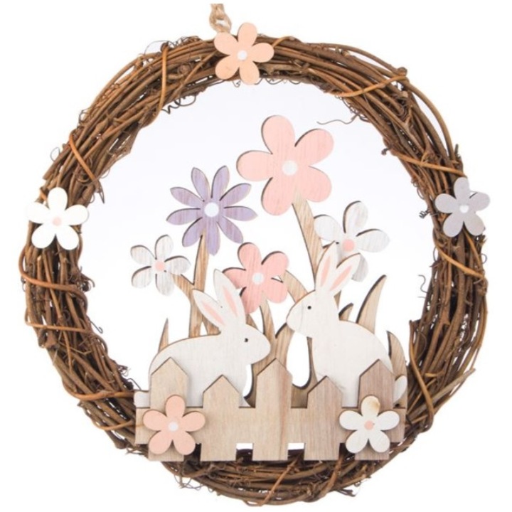 Decoratiune de Paste, suspendabila tip coronita, iepure, lemn, Ø 24cm, M Deco