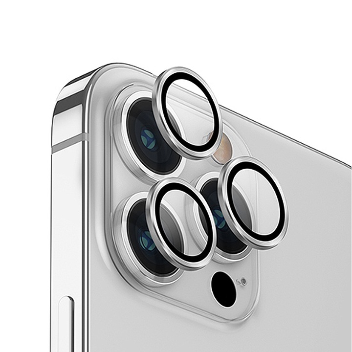 Kameravédő lencsék Apple iPhone 15 Pro / 15 Pro Max készülékekhez, 9H biztonsági üveg, karcolásgátló, ütésálló, fémvédő, könnyű felvitel, Aziao Tech, ezüst