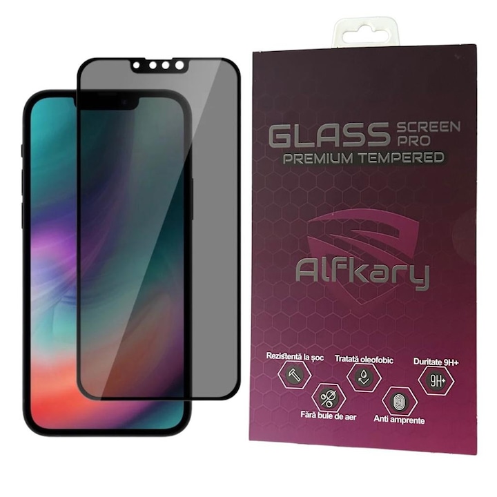 Folie protectie sticla Privacy 360, Alfkary, Compatibila Apple iPhone 13 Pro Max/ 14 Plus, Protectie Profesionala Ecran 6D Full Cover- Negru