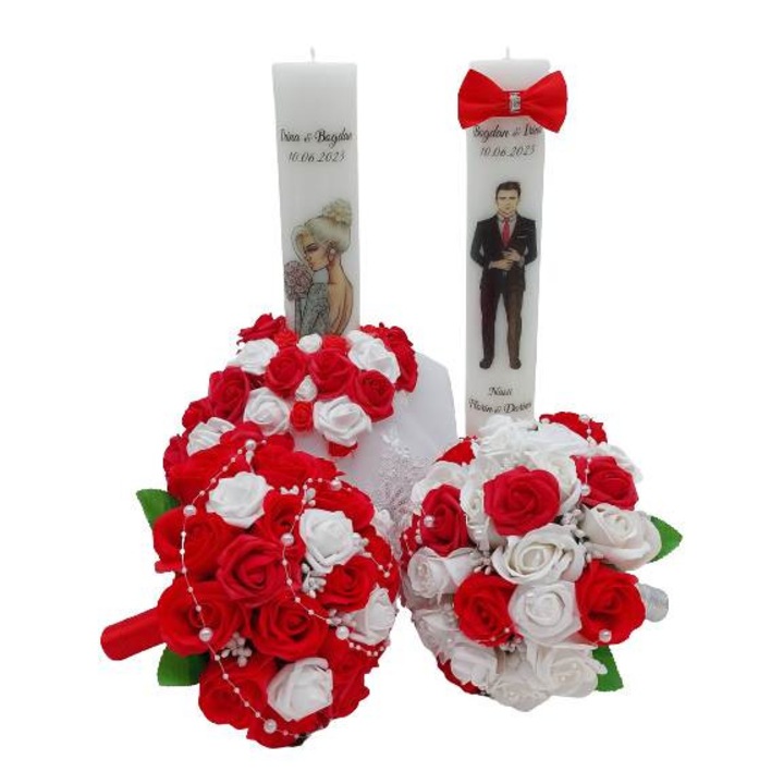 Set nunta rosu, 2 lumanari personalizate cu Nume Miri si 2 buchete mireasa/nasa, 40x6,5cm