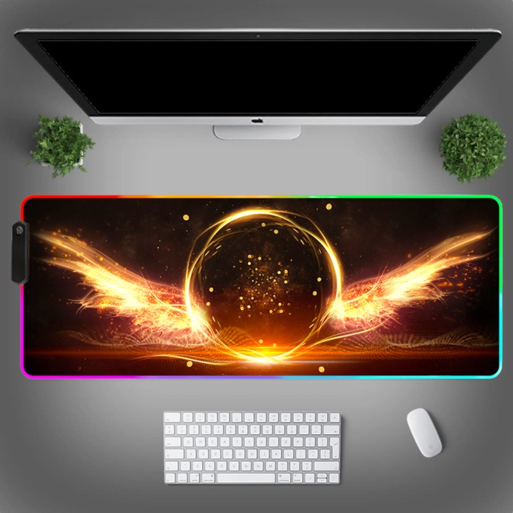 MousePad profesional Gaming RGB mare XXL, Lumini LED, Suprafata moale, Baza Anti-Alunecare Cauciucata, Multiple moduri de iluminare, Luminozitate Ajustabila, 900x400x4mm, Aripi