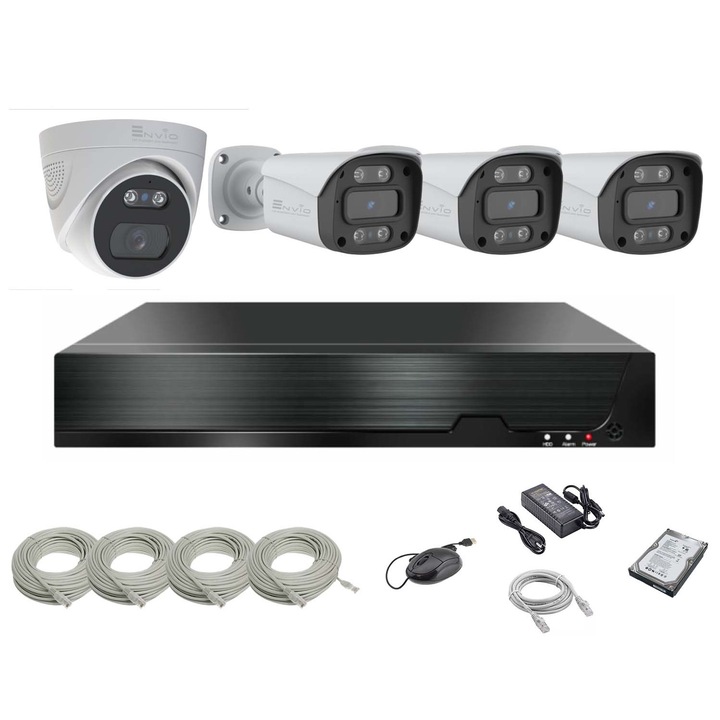 Kit supraveghere video complet ENVIO IP POE cu 4 camere Full Color 4K 8MP PESS-KIT4CH3BFM60H8001DFM70H800S-WMHDD