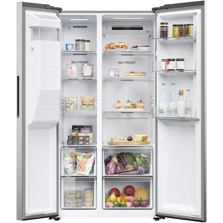 Side by side Haier HSR5918DIMP, 511 l, Total No Frost, Display touch, Dispenser apa si gheata, Clasa D , H 177 cm, Platinum Inox