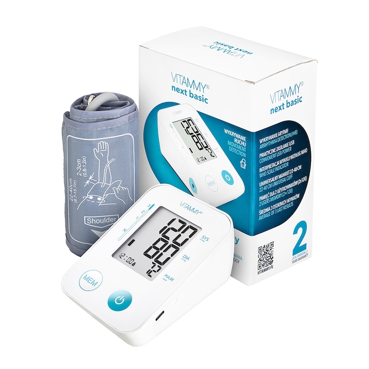 VITAMMY Next Basic elektronikus kar vérnyomásmérő, USB csatlakozó, mérés mandzsetta felfújásakor, aritmia észlelés, testmozgás érzékelés, memória 2 felhasználó, mandzsetta 22-40 cm, Fehér