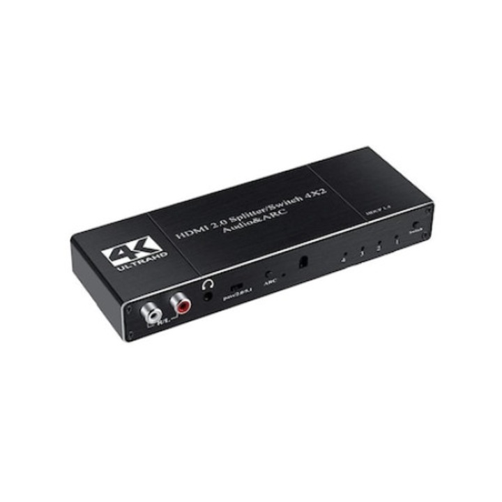 Превключвател HDMI 2.0, 4 входа и 2 изхода, HDCP 1.4, 4K@60Hz, 6Gbps, ARC, R/L аудио екстрактор, 3,5 mm жак, SPDIF, коаксиален