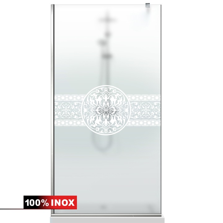 Aqua Roy ® INOX 110x195 cm zuhanyfal, fehér Doha Medalion modell, 8 mm matt biztonsági üveg, vízkő elleni kezeléssel