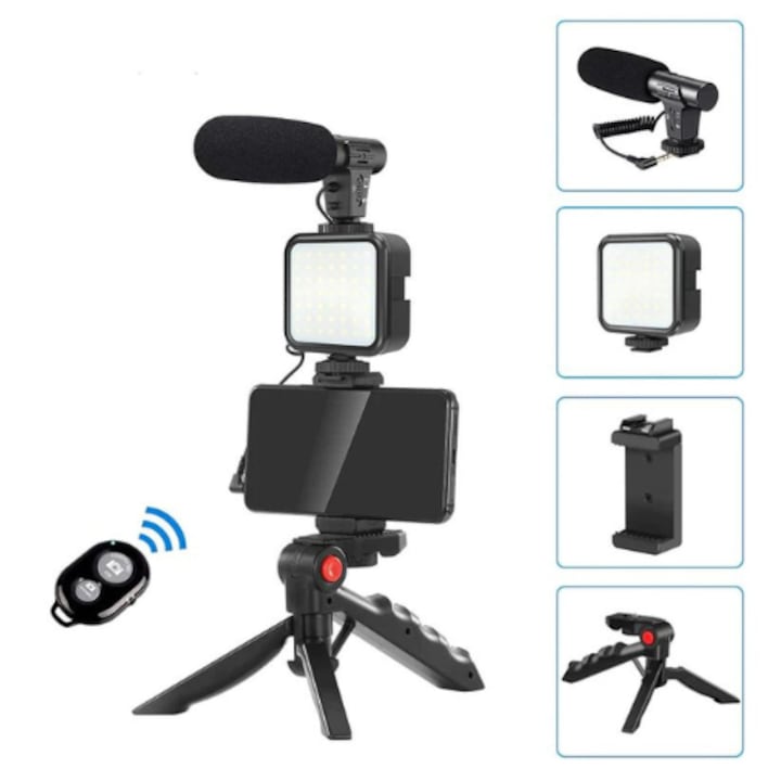 Set pentru vlogging/streaming, trepied, microfon, suport telefon, telecomanda bluetooth, lumina LED, STUDISTAND