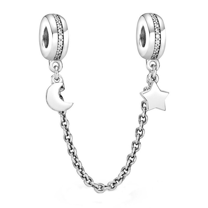 Talisman din Argint 925 Charm compatibil Pandora lant de siguranta stea si luna
