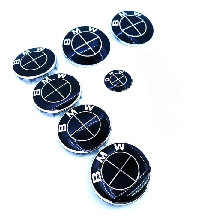 Set 7 piese embleme BMW, negre full, capota 82 mm, portbagaj 74mm, capace jante 68mm, sigla volan 44 mm, seria Seria 3, E90, E91, F30
