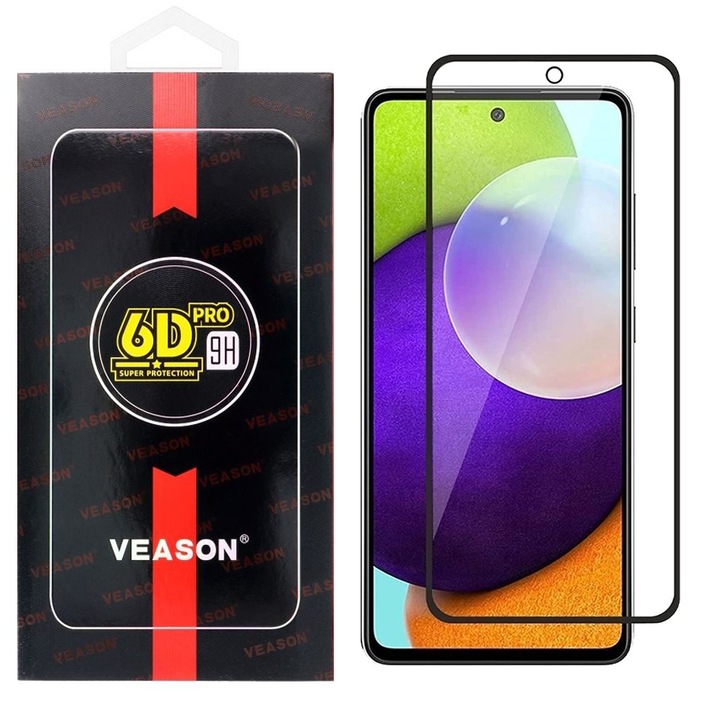 Samsung Galaxy A52 4G/5G / A52s 5G kompatibilis üvegfólia, előlapi, edzett, hajlított, fekete kerettel, Veason 6D Pro