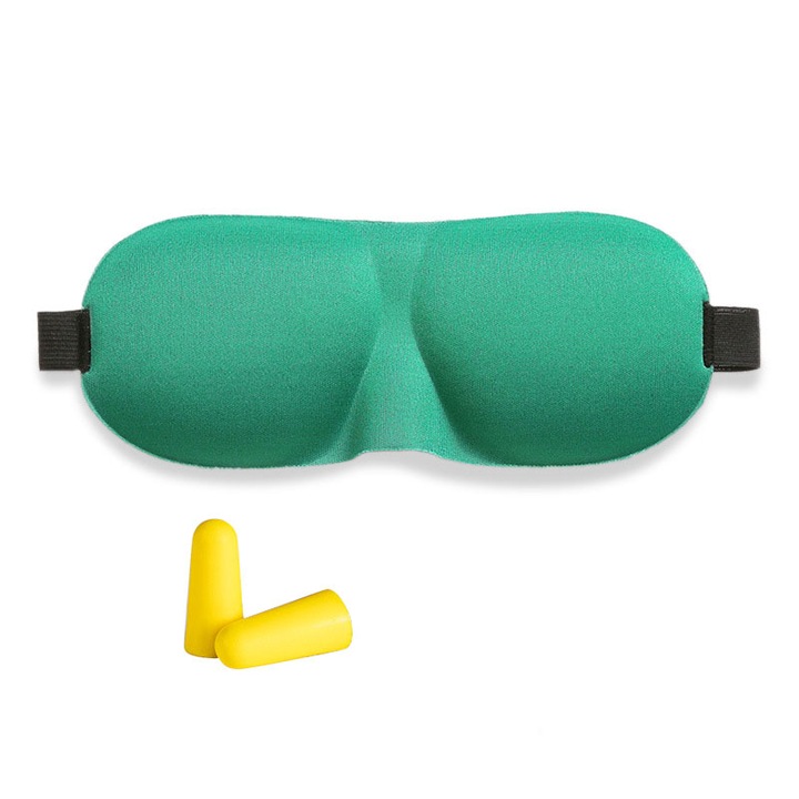 Masca de somn 3D, reglabila, pana de curent, KINSI, poliester, dop pentru urechi de somn, verde