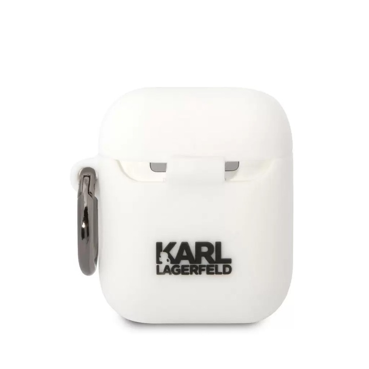 Husa casti Karl Lagerfeld pentru Airpods 1/2, Karl Lagerfeld and Choupette, Silicon, Alb