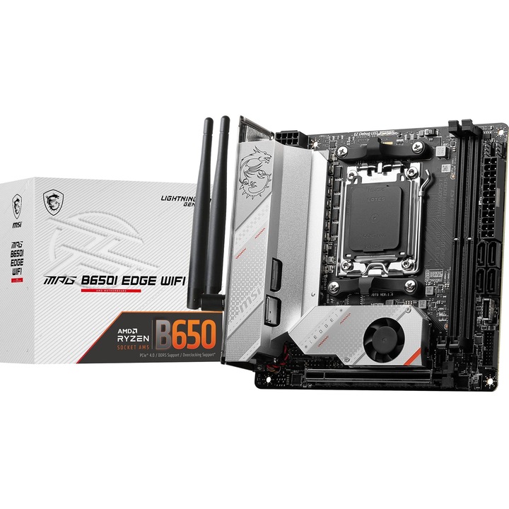 Дънна платка MSI MPG B650I EDGE WIFI, m-ITX, Socket AM5, Dual Channel DDR5 6600+MHz (OC), 1x PCIe x16 slot, 2x M.2 slot, 1x HDMI, 3x USB 3.2 Gen 2, 2x USB 3.2 Gen 1, 1x USB 3.2 Gen2x2 Type C, 7.1 HD Audio, 2.5Gbps LAN, WIFI, BT, 3Y MPG_B650I_EDGE_WIFI