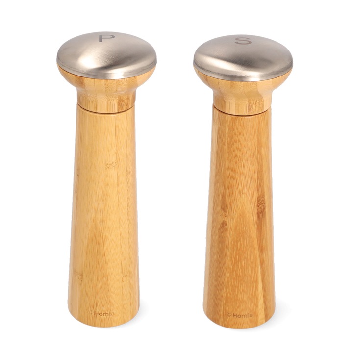 Set 2 rasnite sare si piper Anthe, Homla, Inox/Bambus, 7 x 23 cm, Bej/Argintiu