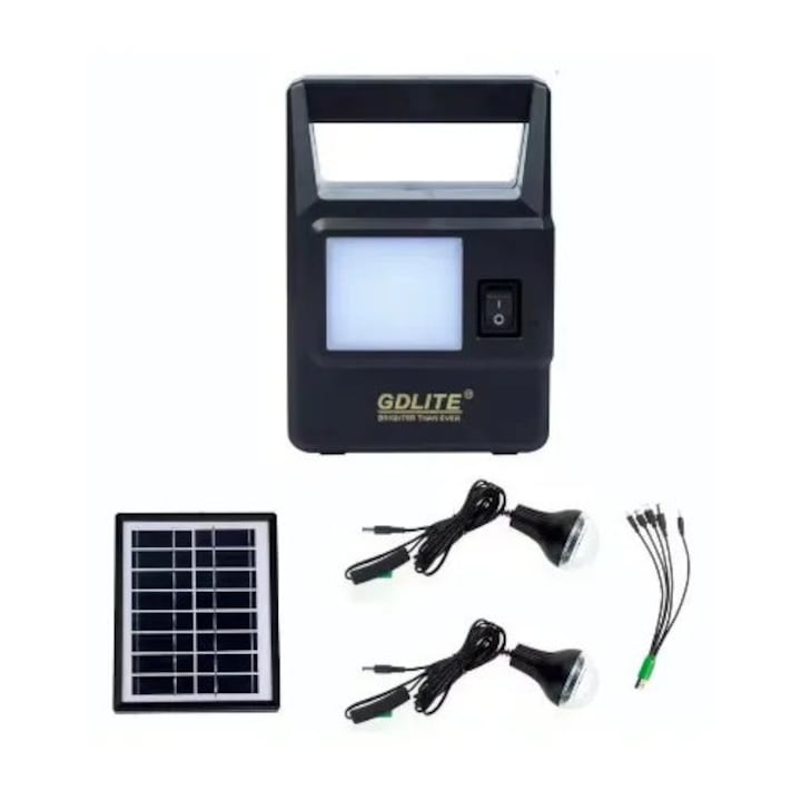 Kit Cu Panou Solar GdLite GD-8030, Cu Lanterna 14LED, 2 Becuri, Cablu 5in1, Negru