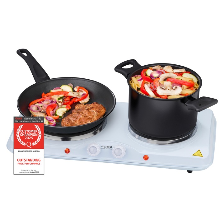 Plita electrica dubla TZS First Austria, 2500W, din fonta, cu termostat reglabil si protectie la supraincalzire. Ideala pentru bucatarie si camping