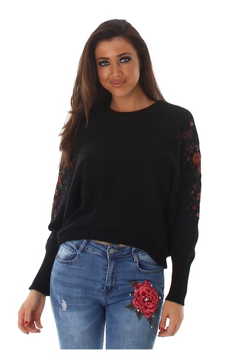 Pulover dama brodat pe maneca negru onesize