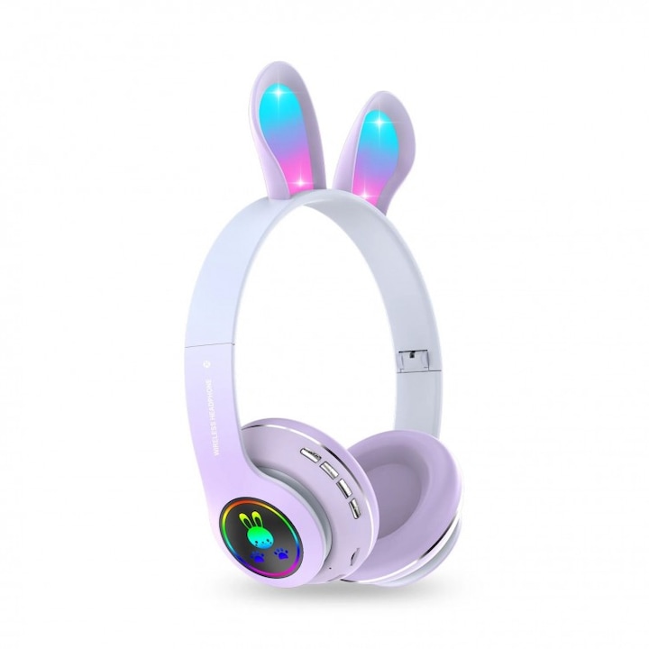 Bluetooth сгъваеми слушалки със заешки уши, стерео, PM-08, лилав цвят