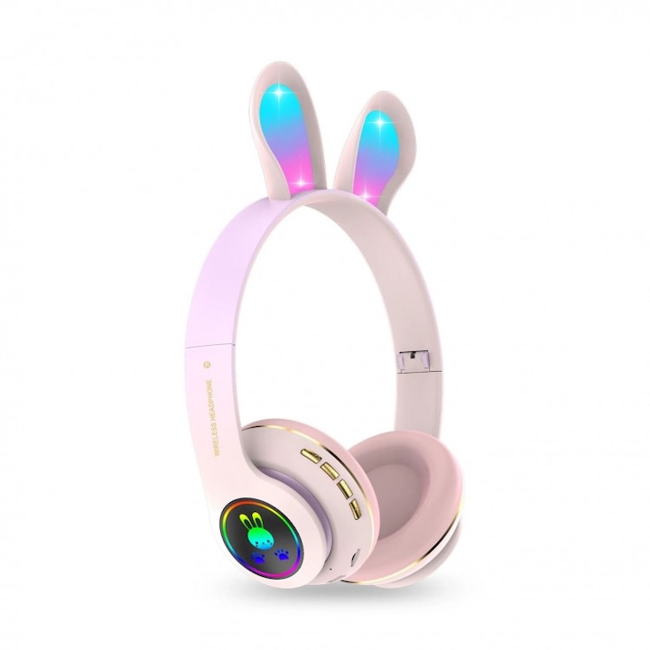 Bluetooth сгъваеми слушалки със заешки уши, стерео, PM-08, розов цвят