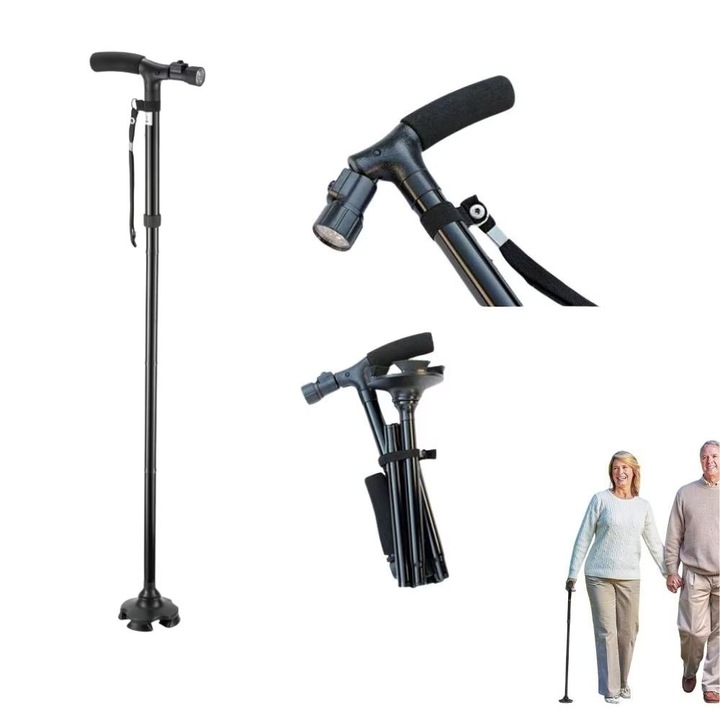 Baston ortopedic telescopic pentru sprijin, ergonomic si extensibil, inaltime reglabila, cu lanterna, anti-alunecare, baza pivotanta cu pivoti stabilizatori, negru – NextFarma®