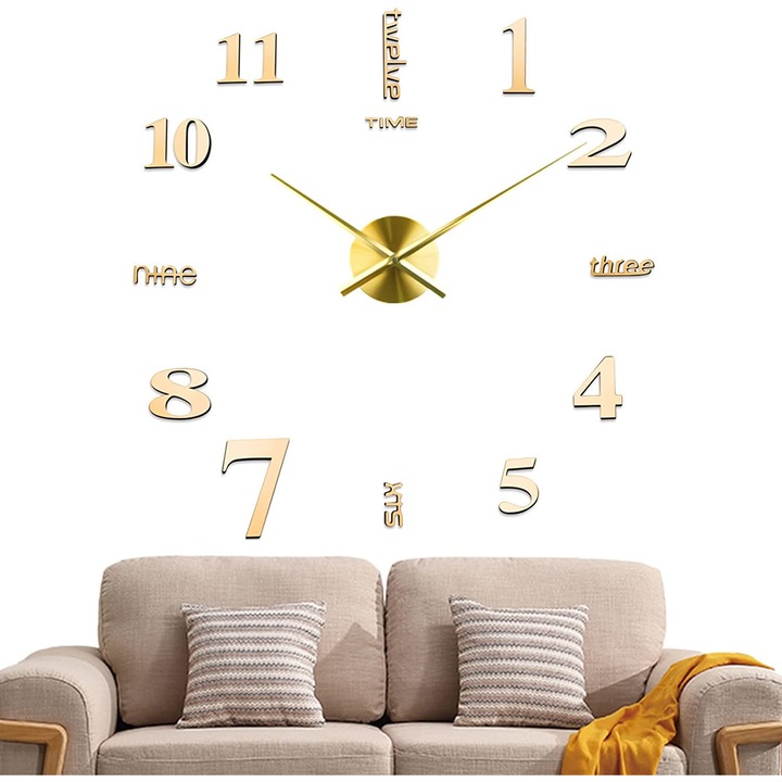 Декоративен стенен часовник YATOVUR, 3D, Метал/Акрил, Лепило, 14x10x4cm, Златист