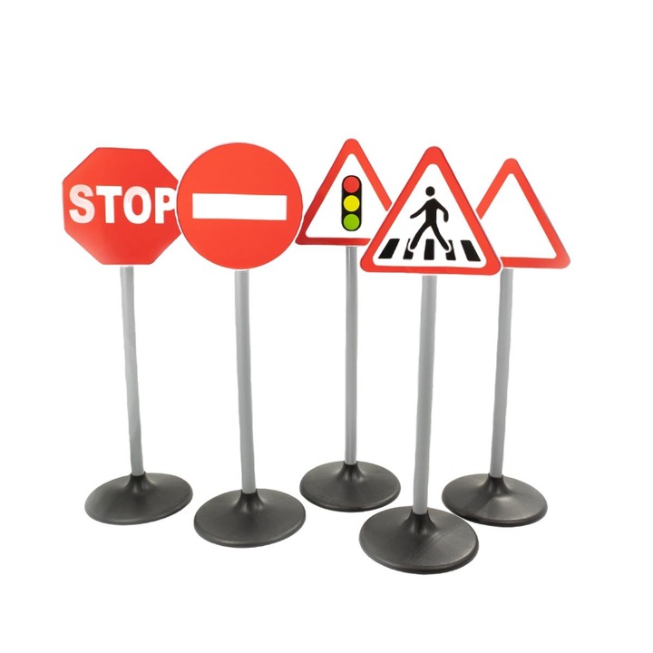 Set 5 semne rutiere de jucarie, Icom Poland, Plastic, Multicolor